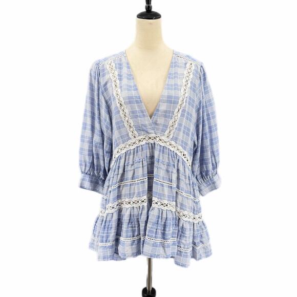 Free People Tops - Free People Time Out Plaid Lace Trim 3/4 Sleeve Blue White 100% Cotton Tunic Top